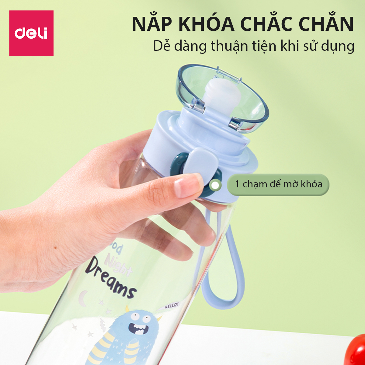 Bình Nước Bằng Nhựa Tritan Nắp Bật 480 600 ml Có Chia Vạch Nước Họa Tiết Dễ Thương Deli - BPA Free An Toàn Cho Sức Khỏe - Phù Hợp Bình Nước Thể Thao Cho Bé Tới Trường - 17661 17662