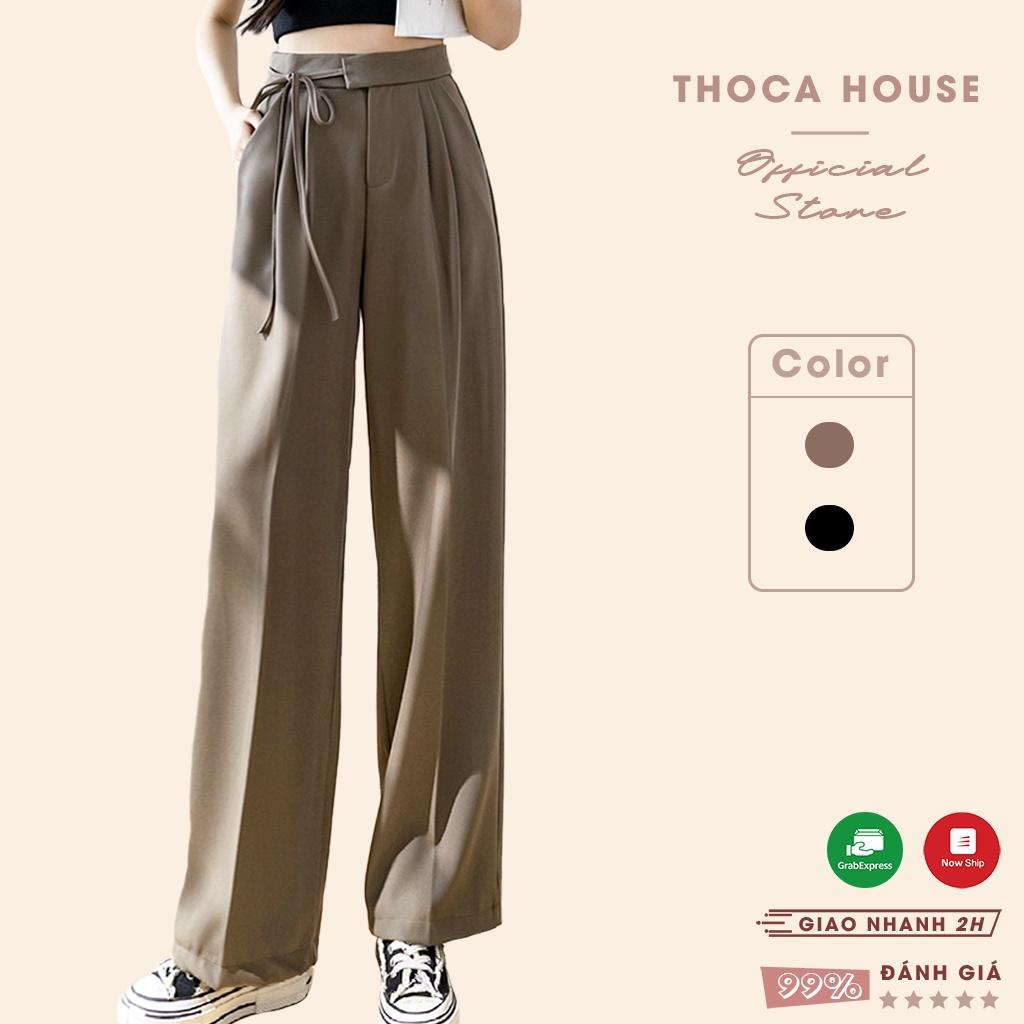 Quần tây ống rộng công sở kiểu cột nơ bên trơn đen, nâu THOCA HOUSE mặc đi làm, đi học, dạo phố