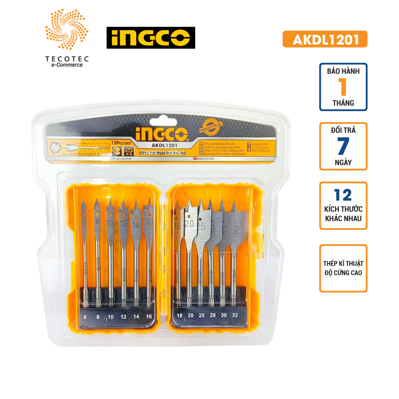 Bộ 12 mũi khoan gỗ đầu dẹp ingco AKDL1201