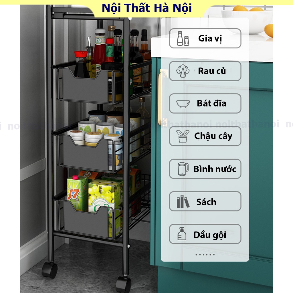 Kệ chứa rau củ quả có bánh xe di chuyển xoay 360 độ, kệ bếp đa năng để đồ kệ gia vị 4 tầng màu đen thông minh đa năng
