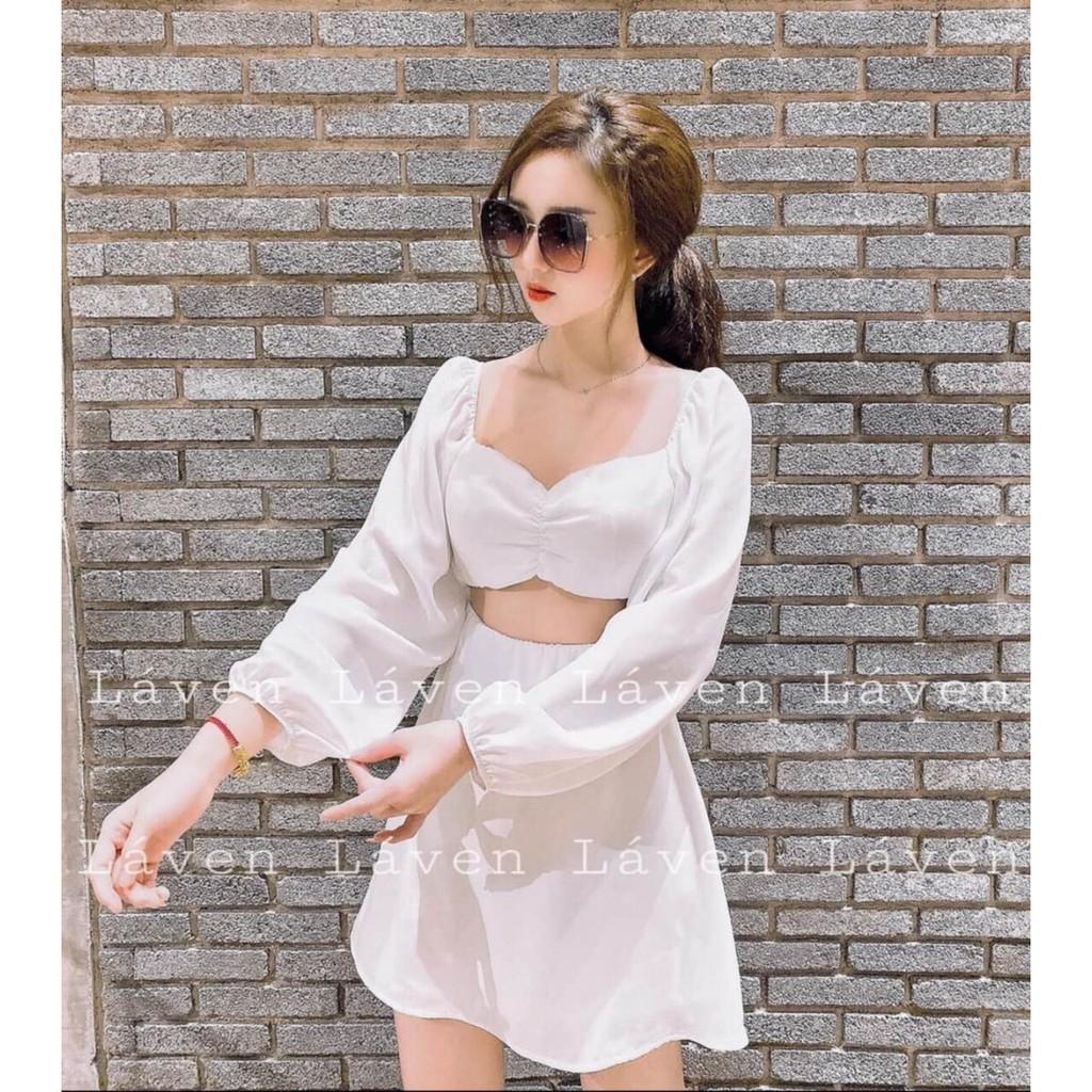 Đầm voan hở ngực tay phồng xinh lung linh