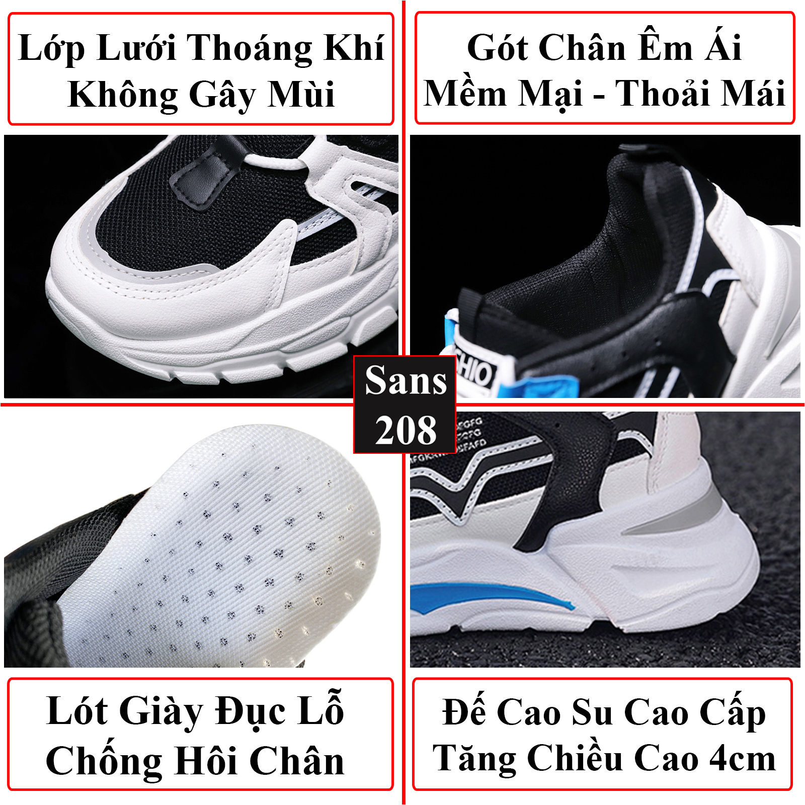 Giày thể thao nam sneaker đế cao Sans208 cổ thấp đen đỏ vàng xanh sport đẹp hàn quốc trẻ trung