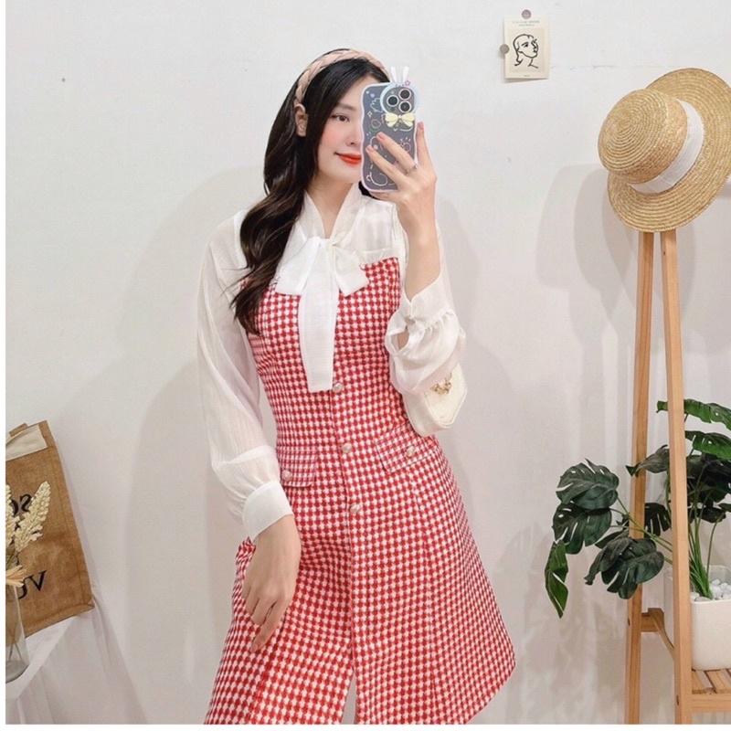 FREE SHIP Đầm thiết kế dạ kẻ phối voan thanh lịch sang chảnh KGIA DS