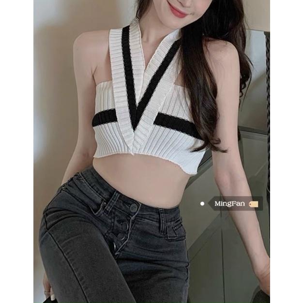 Áo 2d 2 dây nữ bản to vắt chéo phối màu dáng ngắn hàng QC