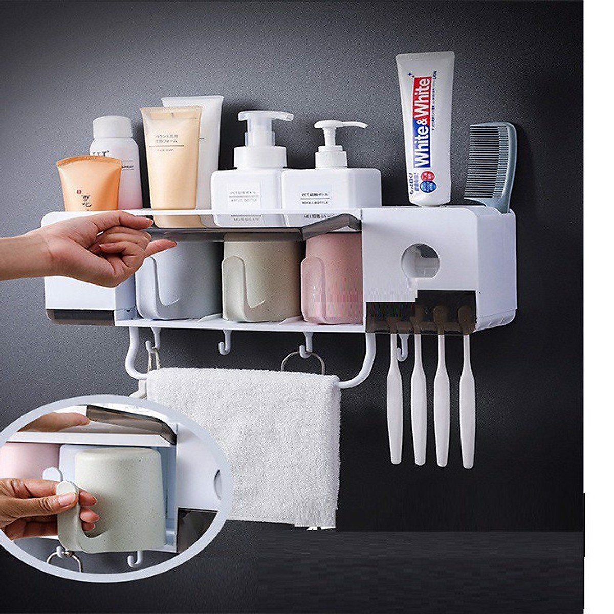 Dụng cụ nhả kem đánh răng tích hợp làm kệ để đồ trong phòng tắm tặng kèm 3 ly