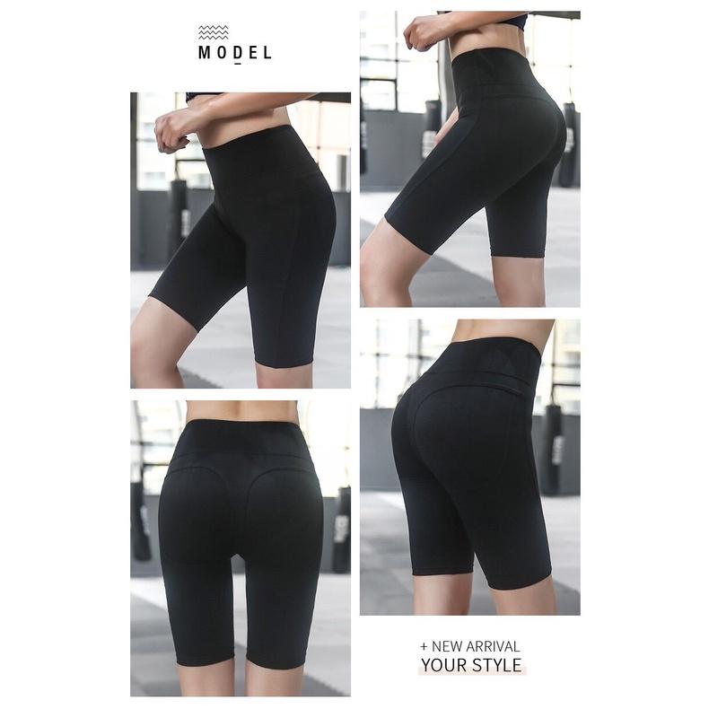 Quần legging đùi nữ big size tập gym yoga PYMSPORT - PYML014 thun cạp cao, dáng ôm bó, 2 màu xanh tím than, đen