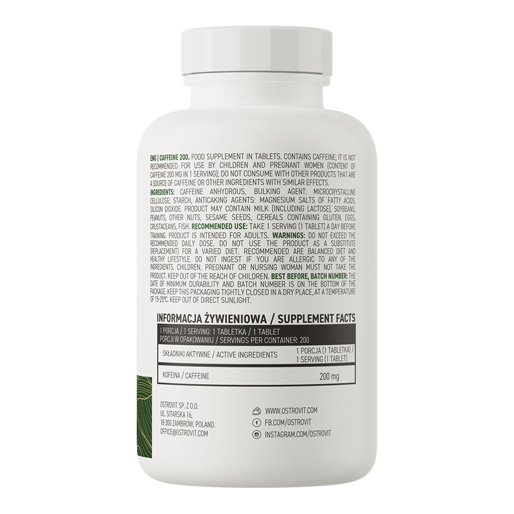 Viên Uống Bổ Sung Năng Lượng Ostrovit Caffeine (200 Viên) Hỗ Trợ Tỉnh Táo, Tăng Cường Tập Trung và Hiệu Suất | Nhập Khẩu Ba Lan