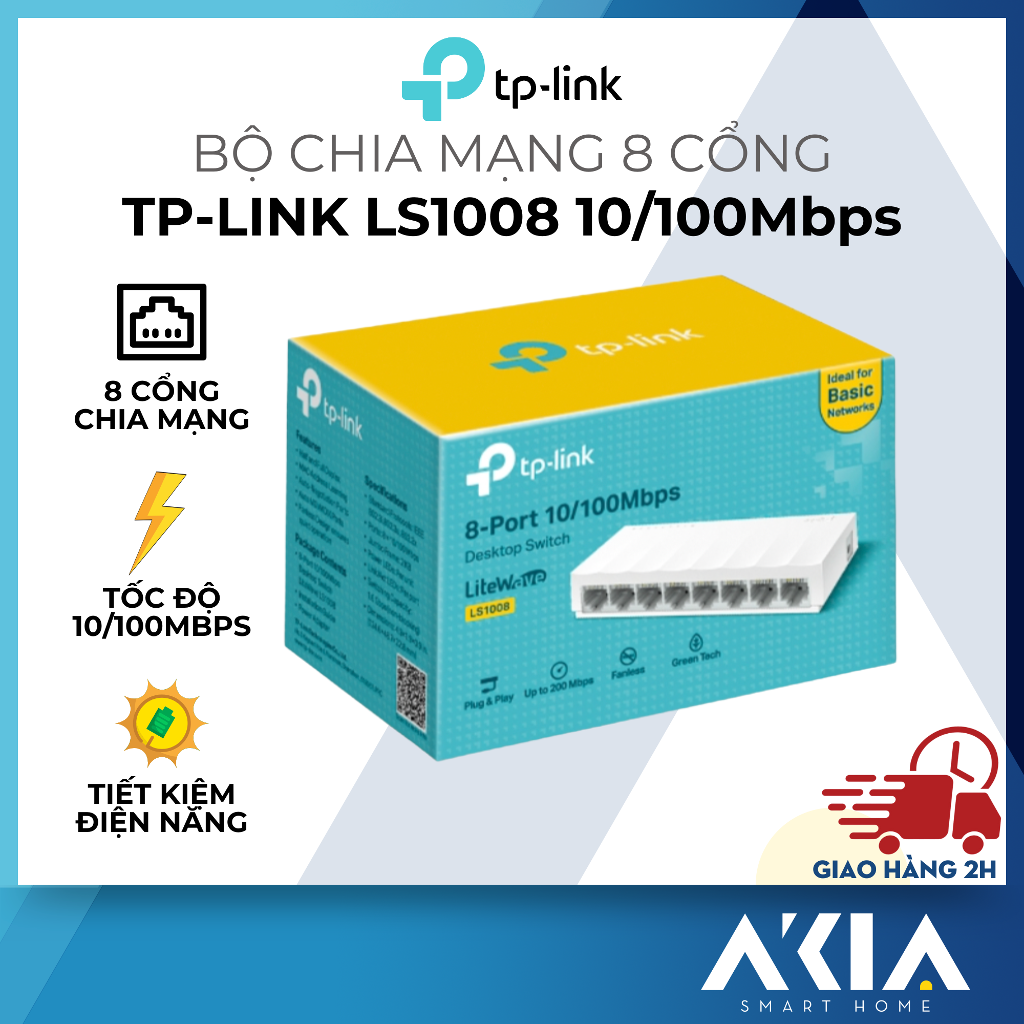 TP-Link LS1008 - Bộ chia mạng 8 cổng, tiết kiệm điện năng, tốc độ cao 10/100 Mbps - Hàng chính hãng