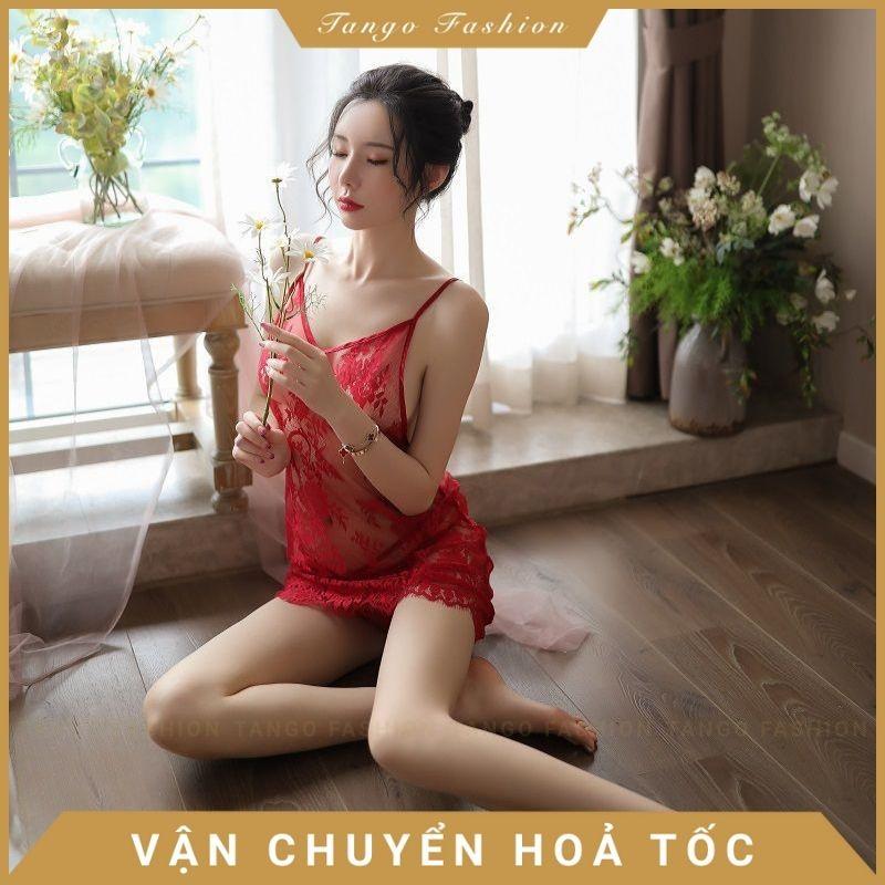 Váy ngủ sexy gợi dục hở, Đầm ngủ gợi cảm hai dây ren kèm quần chip lọt khe, đồ ngủ mặc nhà