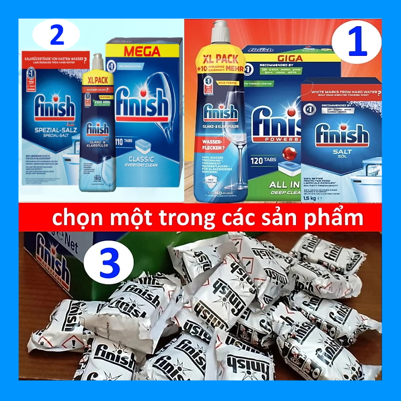 Combo Viên rửa bát finish all in one 100 viên+Dung dịch Nước làm bóng finish 750ml +Muối rửa bát finish 1.5kg cho Máy rửa bát