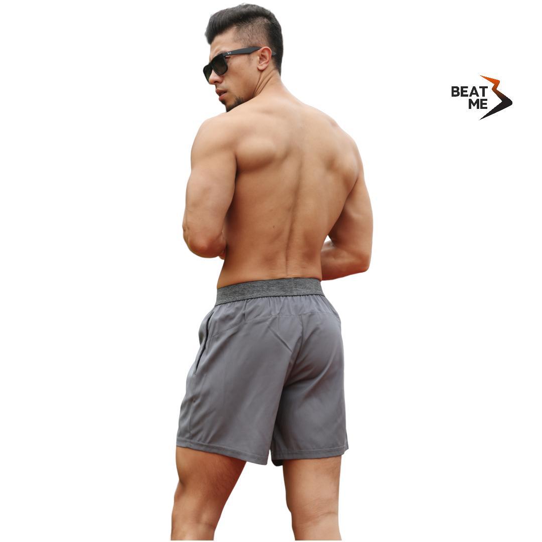 Quần Đùi Nam Thể Thao Tập Gym Màu Xám Beatme Vải Trơn Lưng Chun Bản To Mau Khô Thấm Hút Mồ Hôi Ngắn Trên Gối Mùa Hè