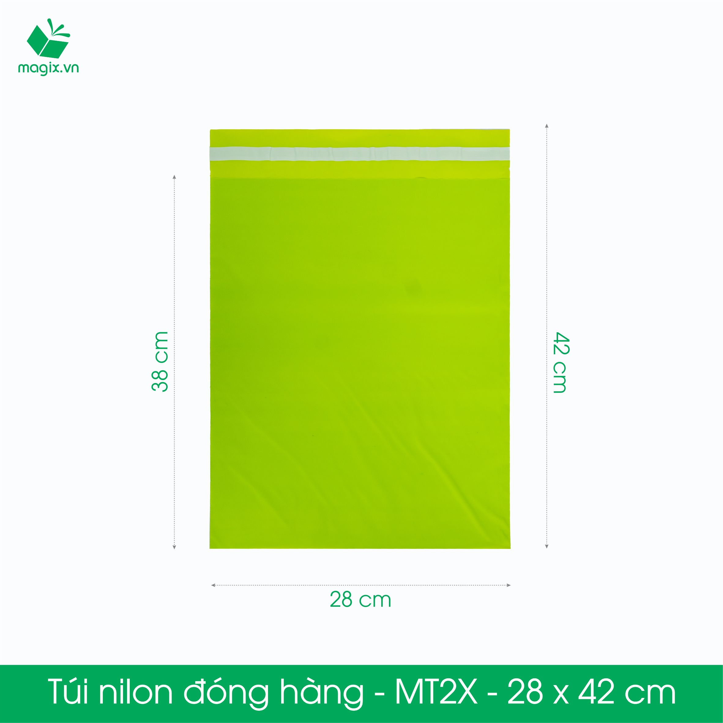 MT2X - 28x42 cm - Túi nilon gói hàng - 100 túi niêm phong đóng hàng màu xanh lá mạ