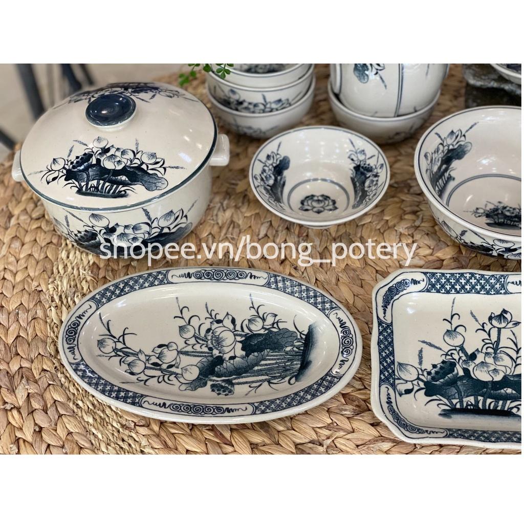 Bộ Đồ Ăn - Combo Bộ Bát Đĩa Vẽ Hoa sen 16 món gốm sứ Bát Tràng