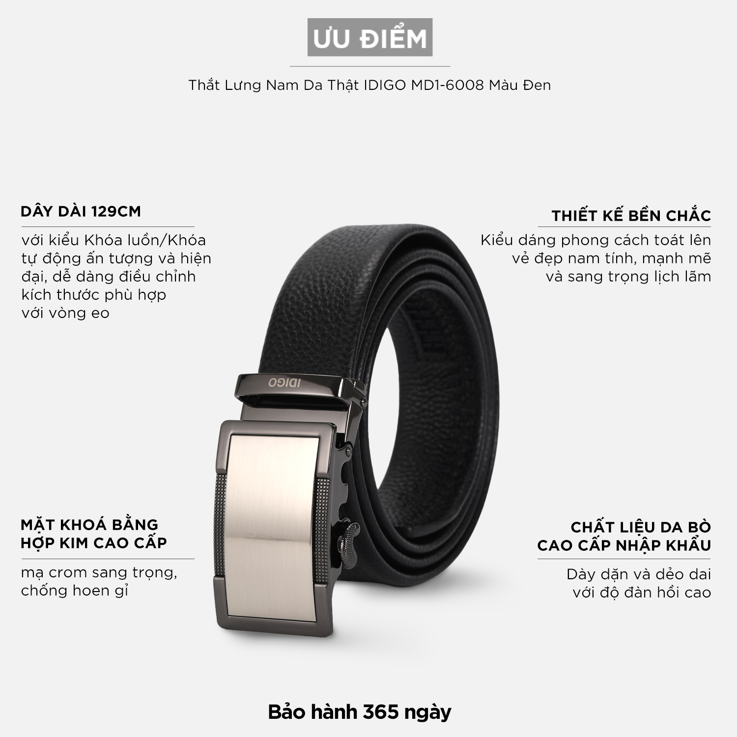 Thắt Lưng Nam Da Bò IDIGO MD1 - 6008 Màu Đen