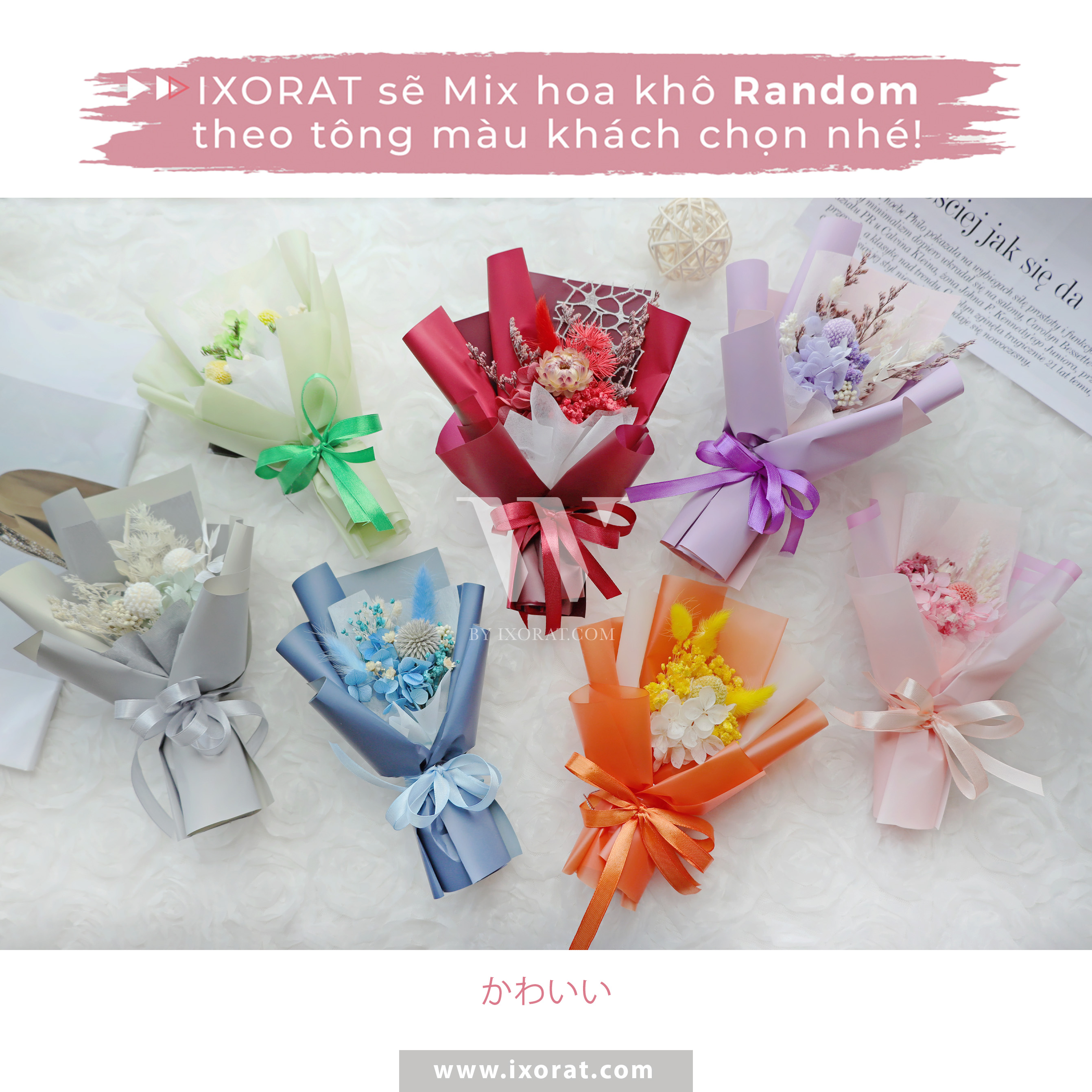 Bó hoa khô mini handmade cao cấp W by IXORAT - Decor chụp ảnh qùa tặng sinh nhật ngày lễ dùng trang trí hộp quà bánh kem