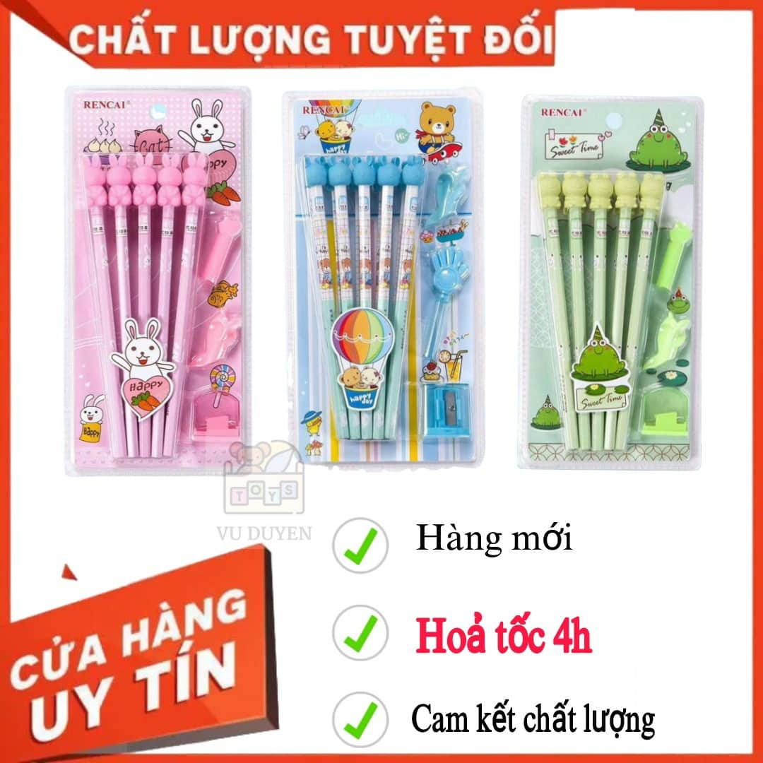 Bộ Gồm: 10 Bút Chì Cute, Chuốt, Gôm, Cá Đệm Tay, Nắp Đậy Bút Cho Bé Tiện Lợi