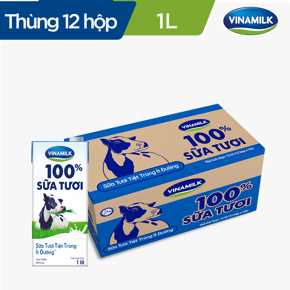 Thùng 12 Hộp Sữa Tươi Tiệt Trùng Vinamilk 100% Ít Đường (1L)