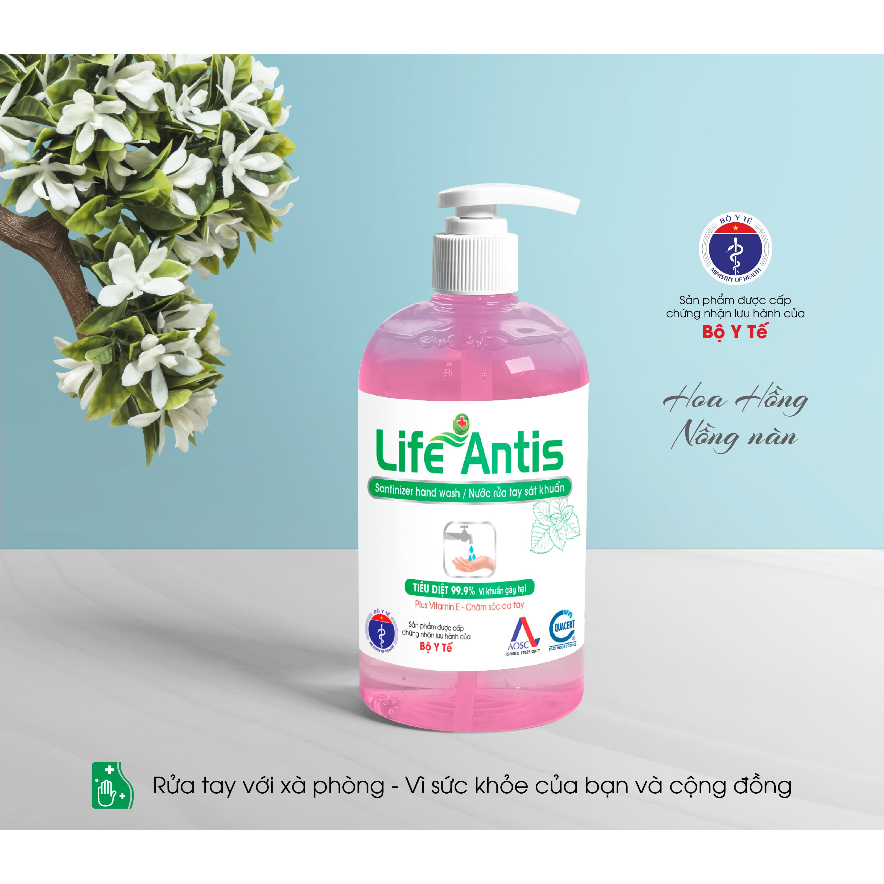 Nước rửa tay diệt khuẩn, khử mùi LIFE ANTIS hương hoa hồng chai 500ml