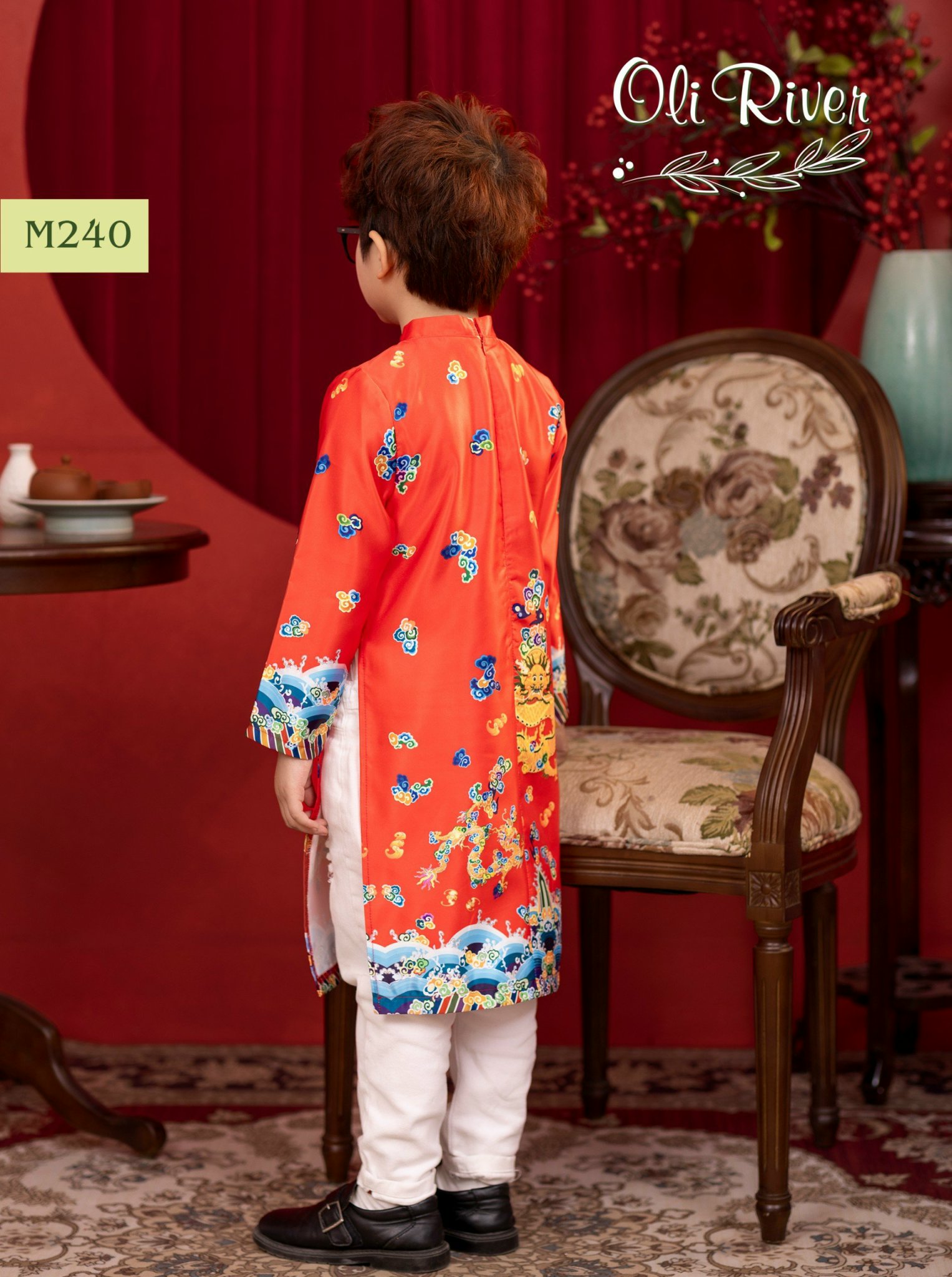 Áo dài cách tân bé trai, Áo tết cho bé 1-11 tuổi rồng vờn mây hàng thiết kế chất liệu tafta mềm mại kiểu dáng thời trang