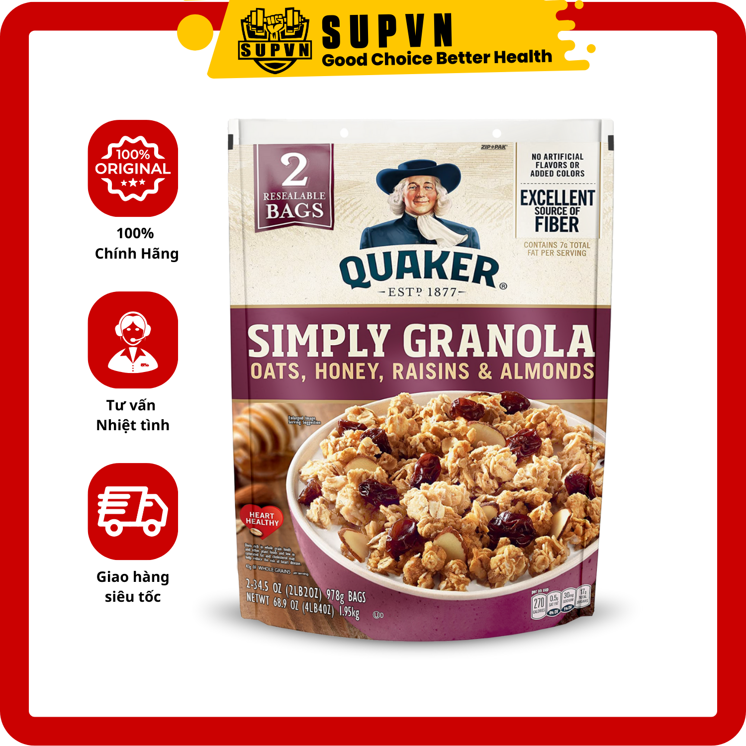 Yến mạch Simply Granola Quaker - Ngũ cốc yến mạch ăn liền mật ong hạnh nhân 