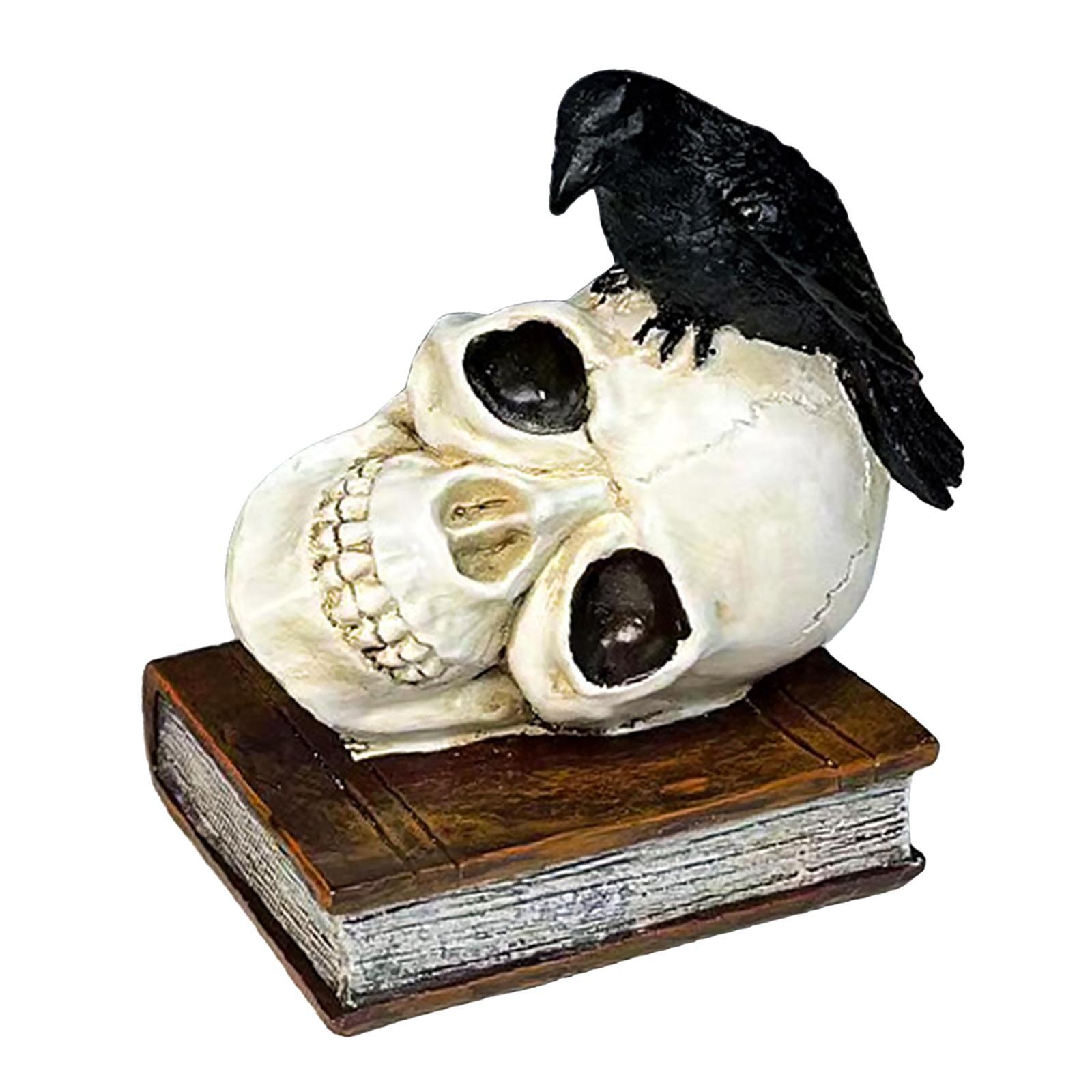 Perched Raven on Skull and Book Statue Ornament for Halloween Desktop Coffee