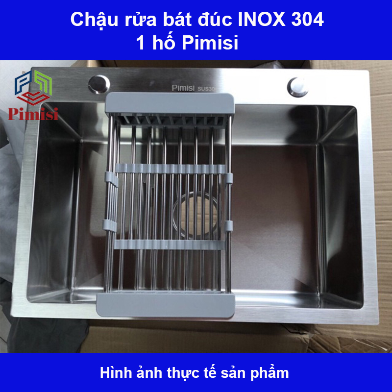 Chậu rửa bát inox 304 đơn 1 hố đúc Pimisi kích thước 6045-4540 cm đầy đủ xi phông loại to và kèm rổ đựng đồ dùng để rửa chén bát gắn được cả âm bàn đá | Hàng chính hãng