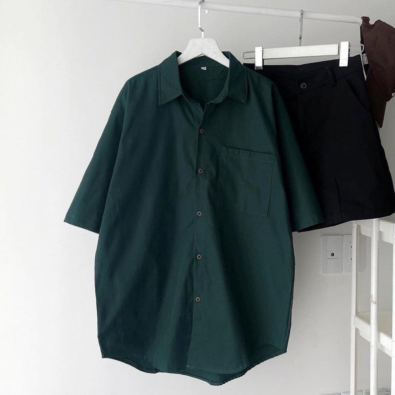 Áo Sơ Mi Tay Ngắn Trơn 1 Túi Màu Xanh Unisex