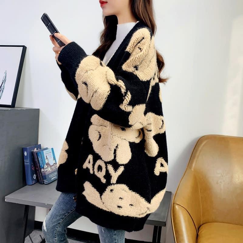 Áo cadigan len ÁO KHOÁC NỮ Cardigan lông thỏ thêu gấu phong cách Hàn Quốc thời trang cho nữ 2022 siêu ấm dày xinh
