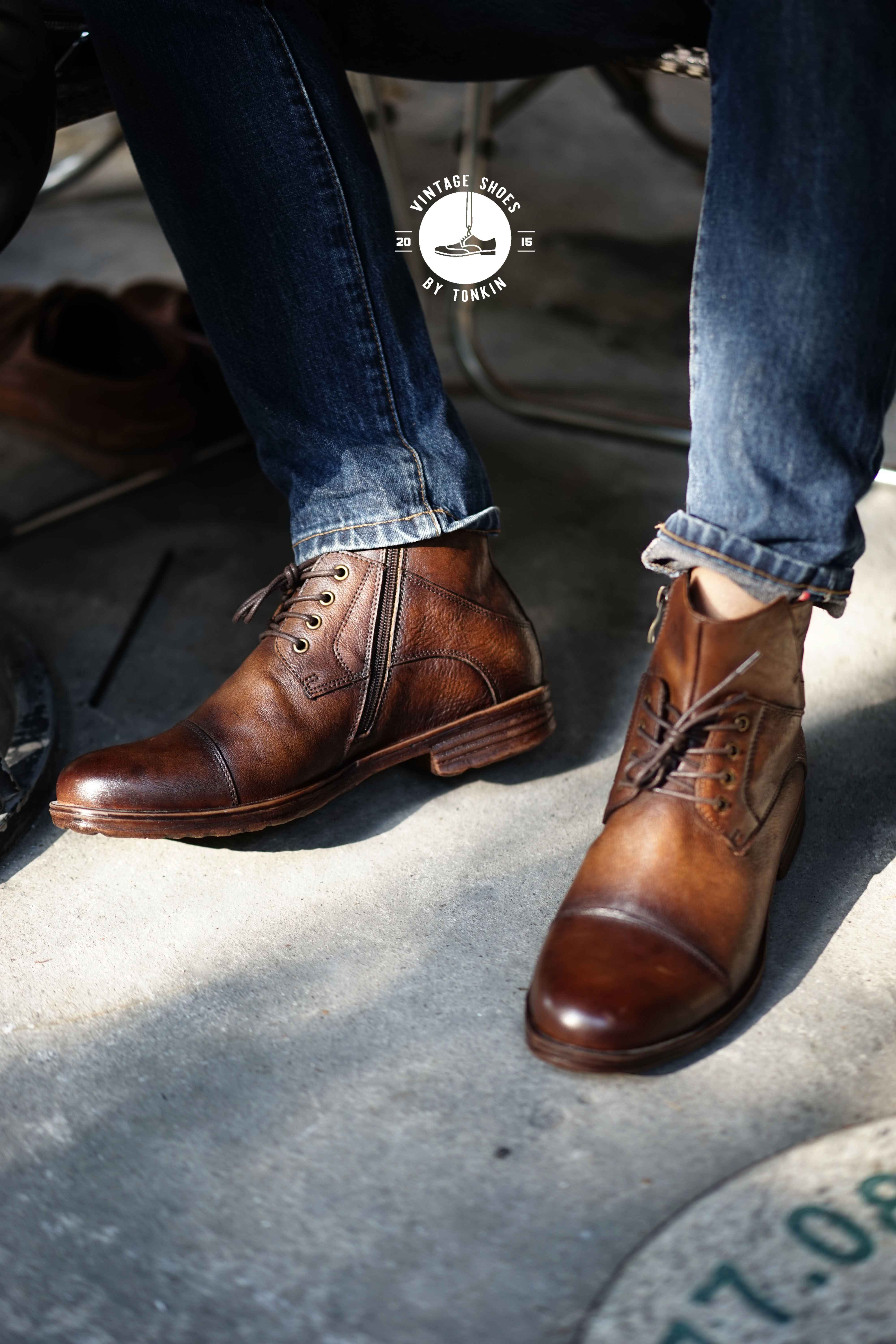 Giày Boot Nam Cao Cổ Khóa Kéo VINTAGE Màu Nâu Da Thật 2 Lớp Mũi Tròn Đế Khâu Văn Phòng Công Sở Sartorial Bảo Hành 1 Năm