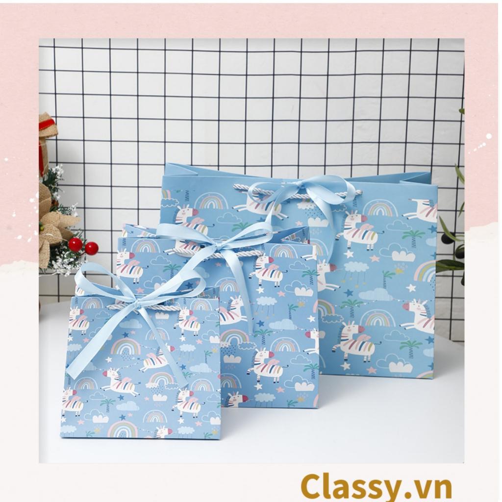 Túi giấy Classy đựng quà dây quai dù dễ thương, nhiều kích cỡ cực xinh hình Kỳ lân màu hồng, đính ruy băng xám Q978