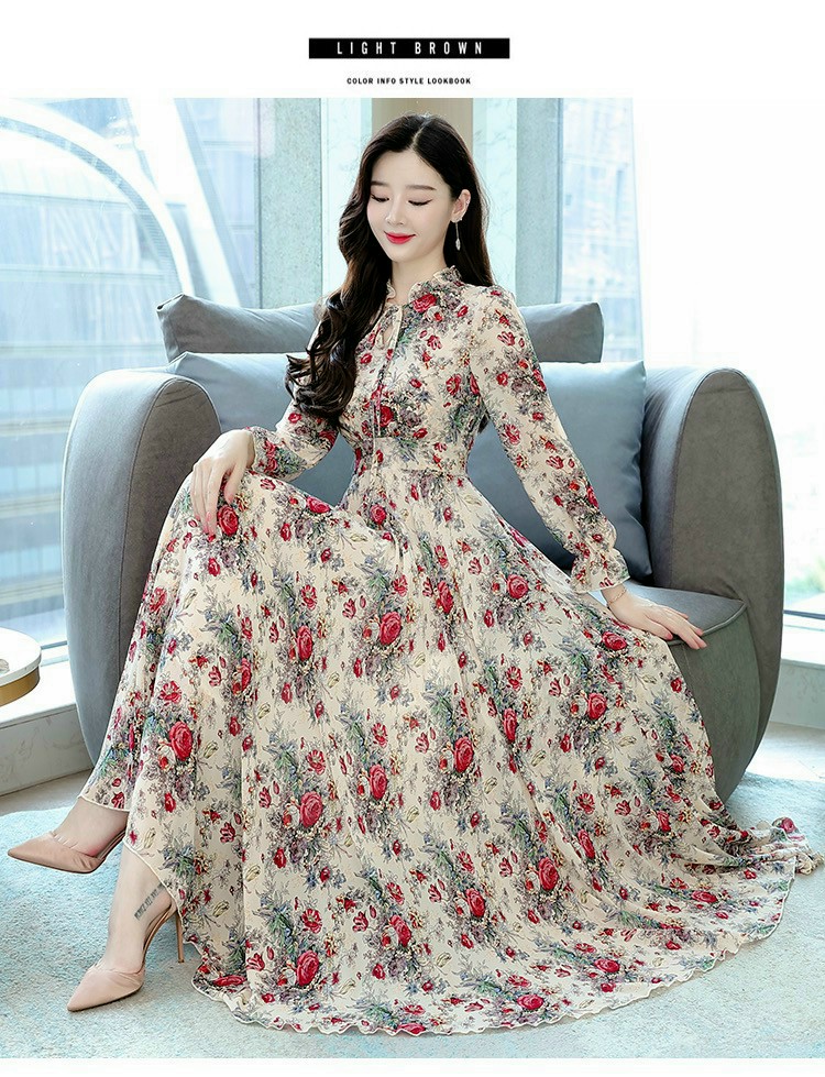 ĐẦM MAXI VOAN HOA TAY DÀI CỔ VIỀN BÈO THẮT DÂY NƠ