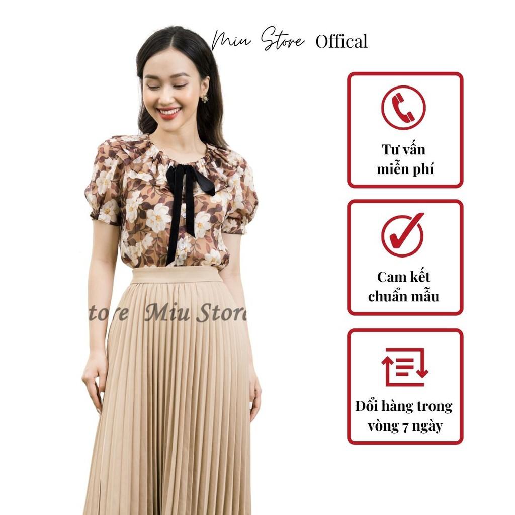 Áo sơ mi công sở nữ ngắn tay cổ tròn nơ đen Miu Store SM00022