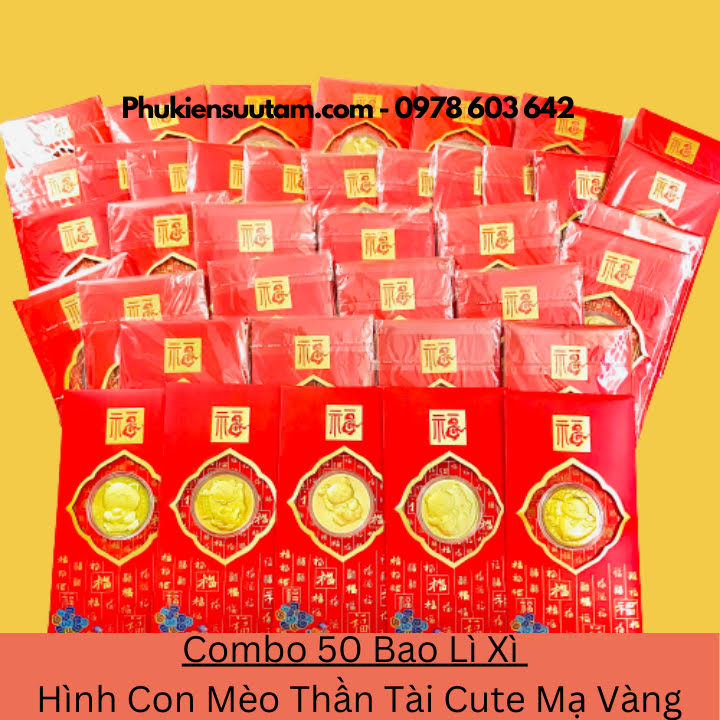 Combo 50 Bao Lì Xì Hình Con Mèo Thần Tài Cute Mạ Vàng, kích thước: 17cmx9cm, màu đỏ - SP005929