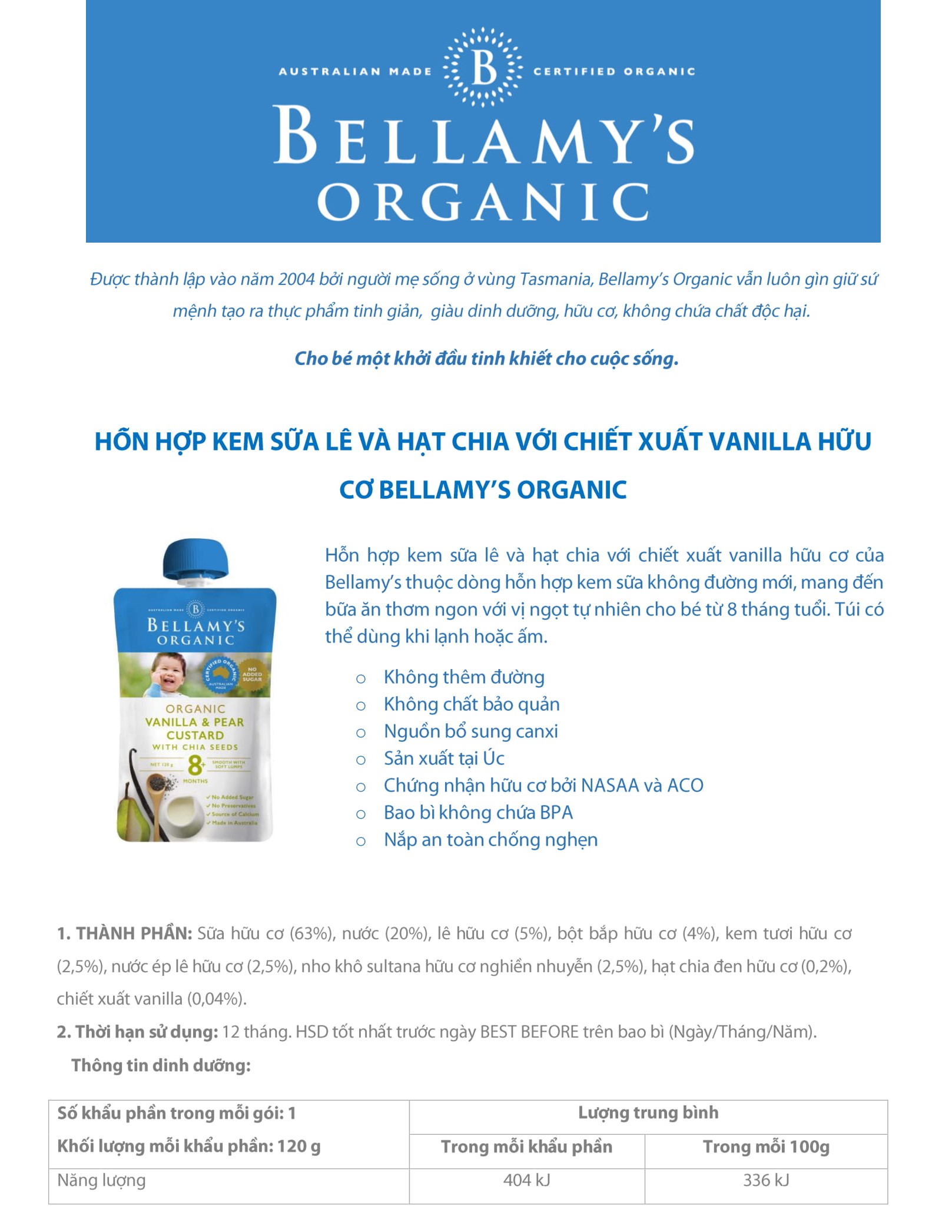 Hỗn Hợp Kem Sữa Lê Và Hạt Chia Với Chiết Xuất Vanilla Hữu Cơ Bellamy's Organic (120g)