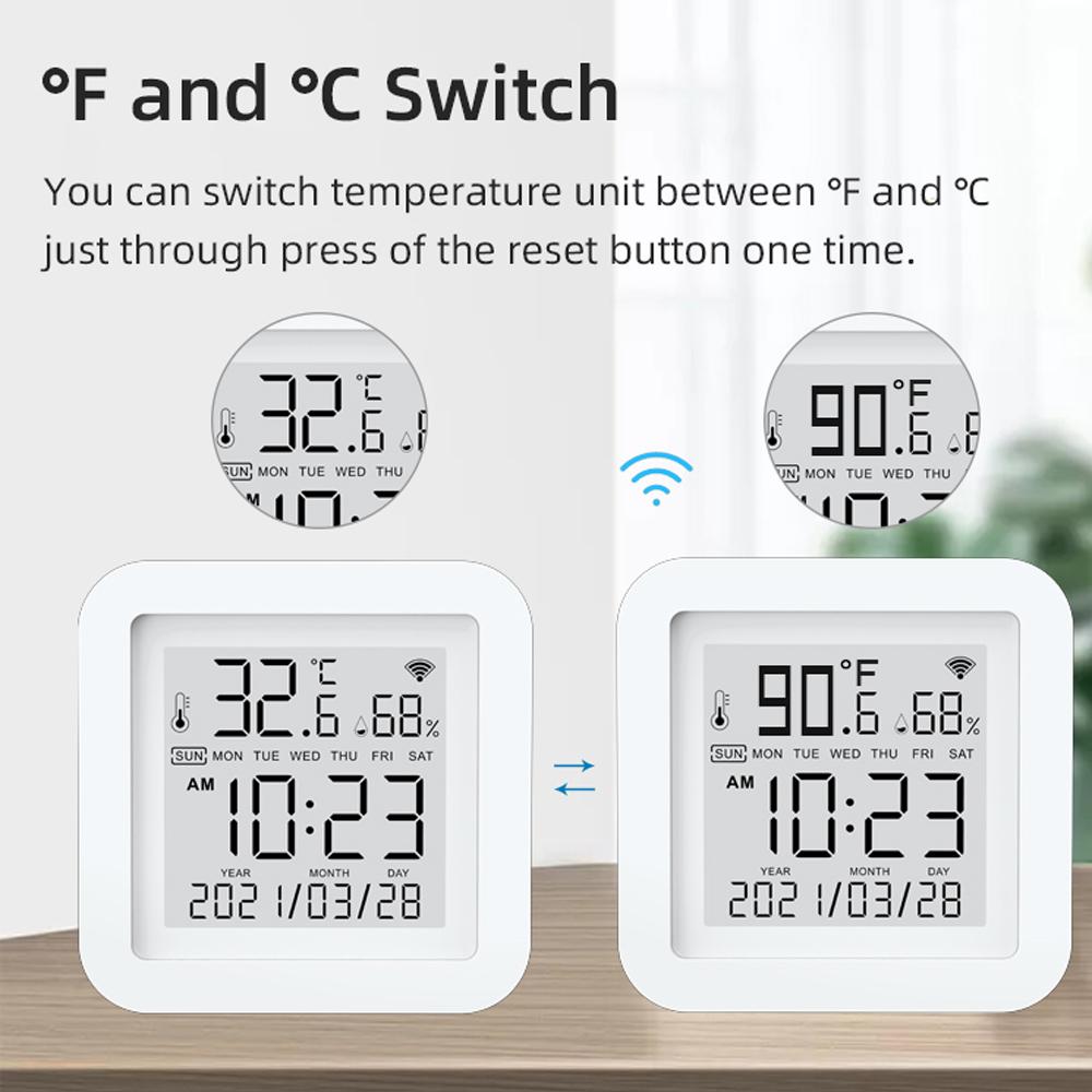 Tuya WiFi LCD Display Screen USB Power Supplys Intellgient Sensors ℉/℃ Switch Time/Date/Temperature/Humidity Display Home Intelligent Linkage Sensors Compatible with Alexa Google Home