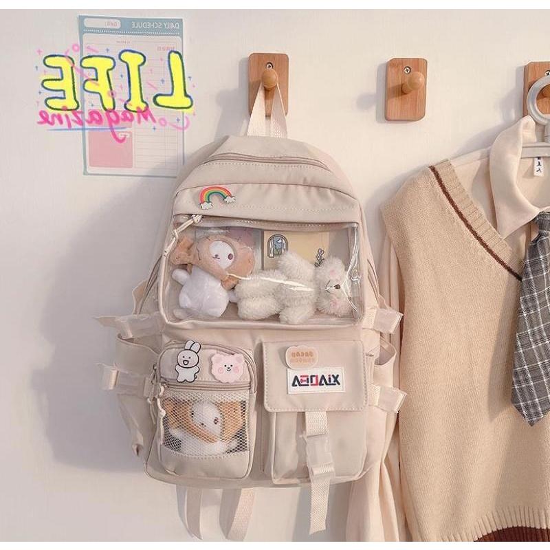 Balo Ulzzang Hàn Quốc học sinh đi học đi chơi ngăn Mica trong suốt phối lưới٩