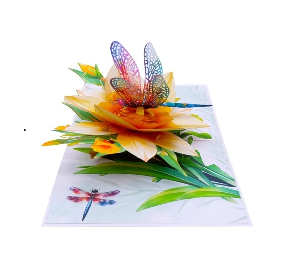 Thiệp 3D Chuồn Chuồn &amp; Hoa Thủy Tiên Vàng – Thiệp Pop Up Nghệ Thuật, Độc Đáo, Sang Trọng, F51