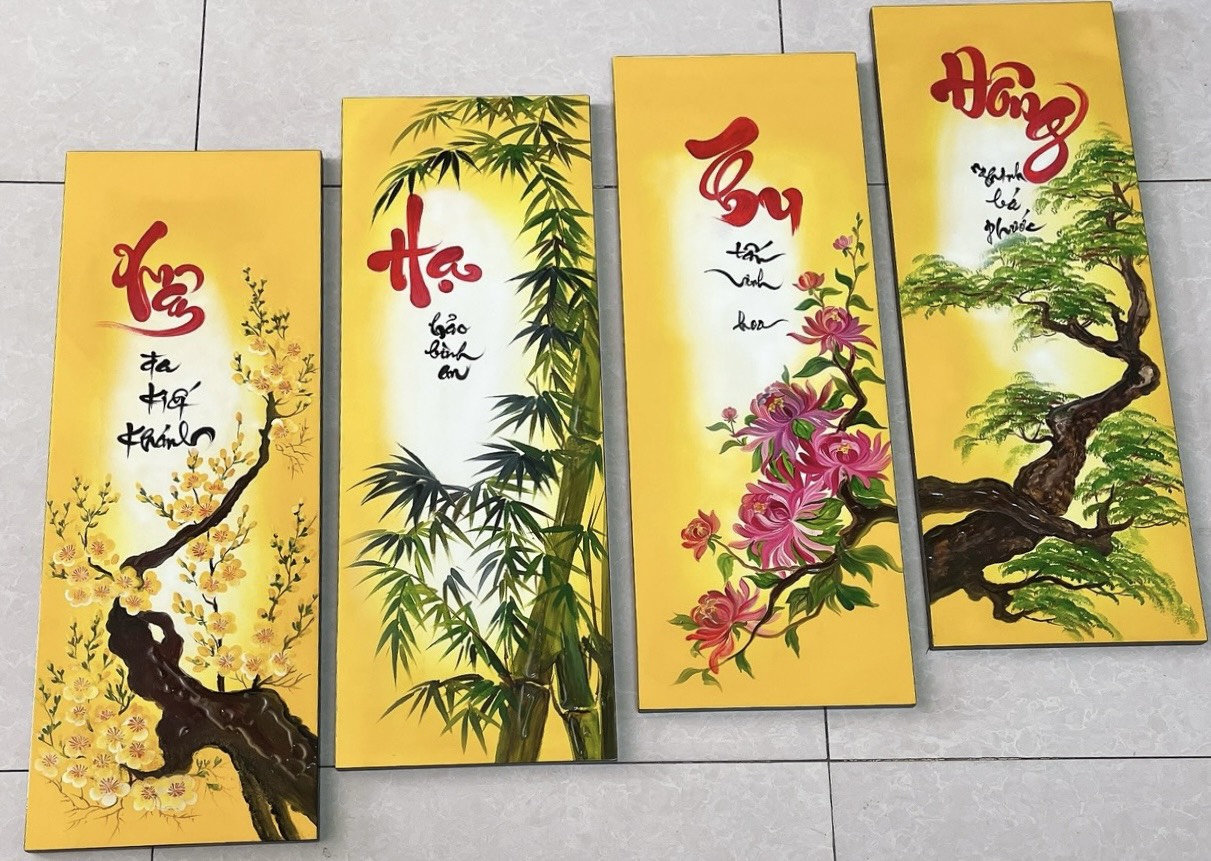 Tranh sơn mài Xuân Hạ Thu Đông bộ 4 tấm 70x100 cm