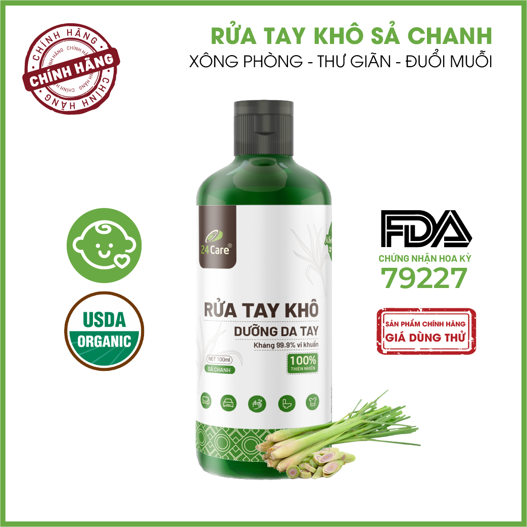 Nước rửa tay khô tinh dầu Sả Chanh 24Care diệt khuẩn - 100ml