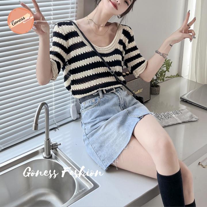 Áo len nữ Goness chất vải dệt kim ngắn tay họa tiết kẻ sọc kiểu cổ cardigan phong cách hàn quốc
