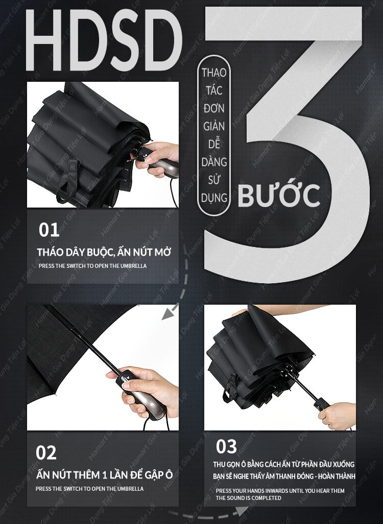 Ô Che Mưa Nắng Tự Động Hamart 10 Nan Vải Dù Vinyl Che Nắng Chống Tia UV Chống Thấm Cao Cấp