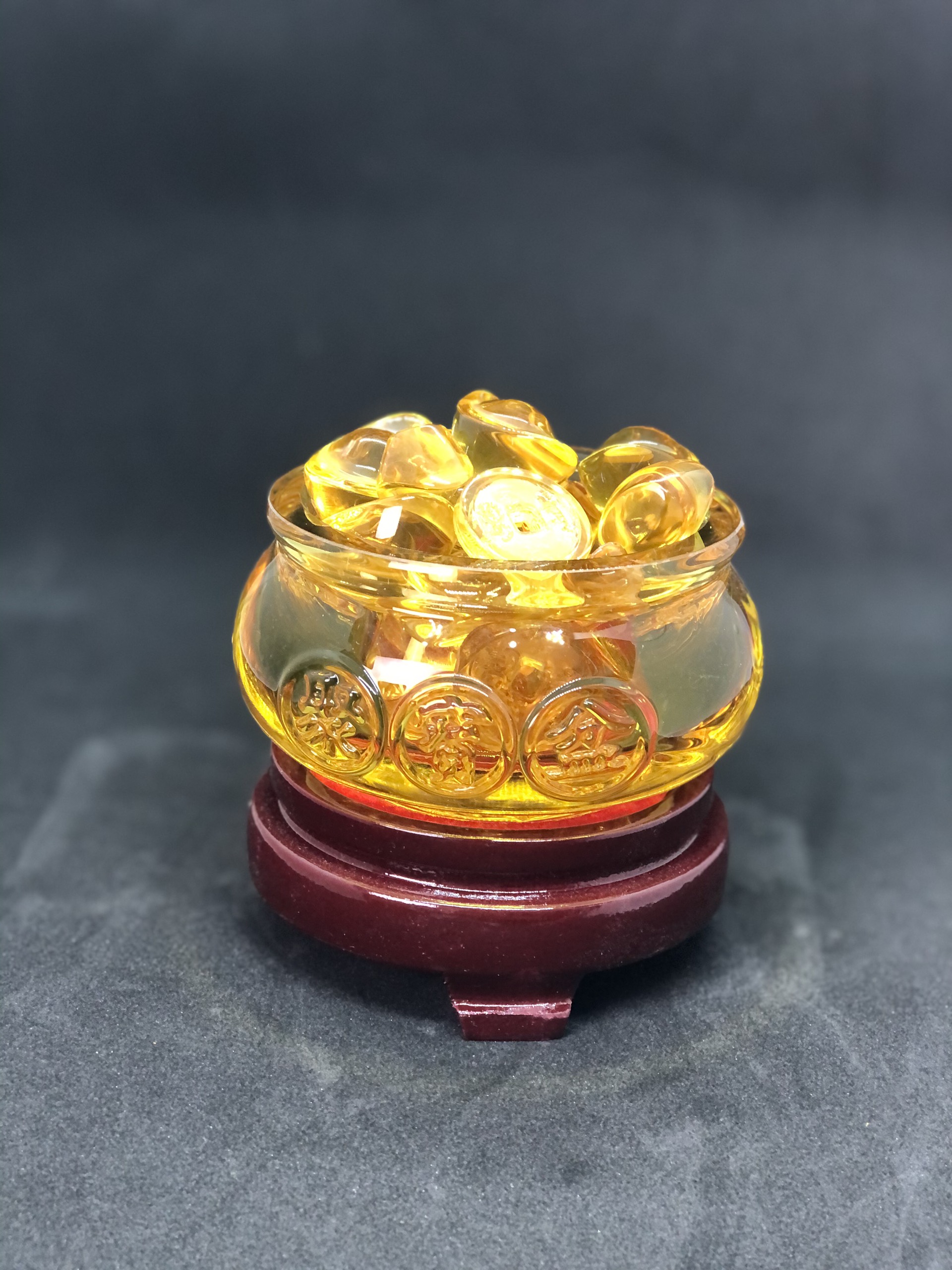 Bát Tụ Bảo Đá Lưu ly 10cm - Kèm Thỏi Vàng và Đôn Kê Gỗ