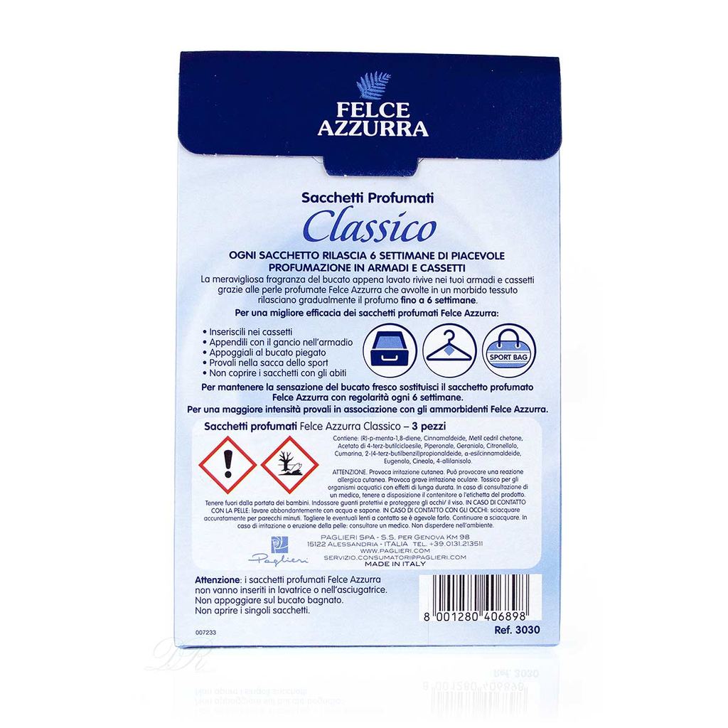 Túi thơm treo tủ quần áo hương nước hoa cổ điển Ý Felce Azzurra 36gr