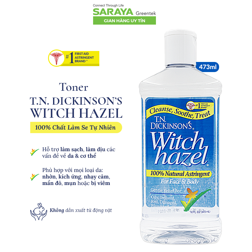 Toner T.N Dickinson's Witch Hazel 100% Natural Astringent For Face & Body, Làm Dịu Da Mặt & Cơ Thể - 237ml và 473ml