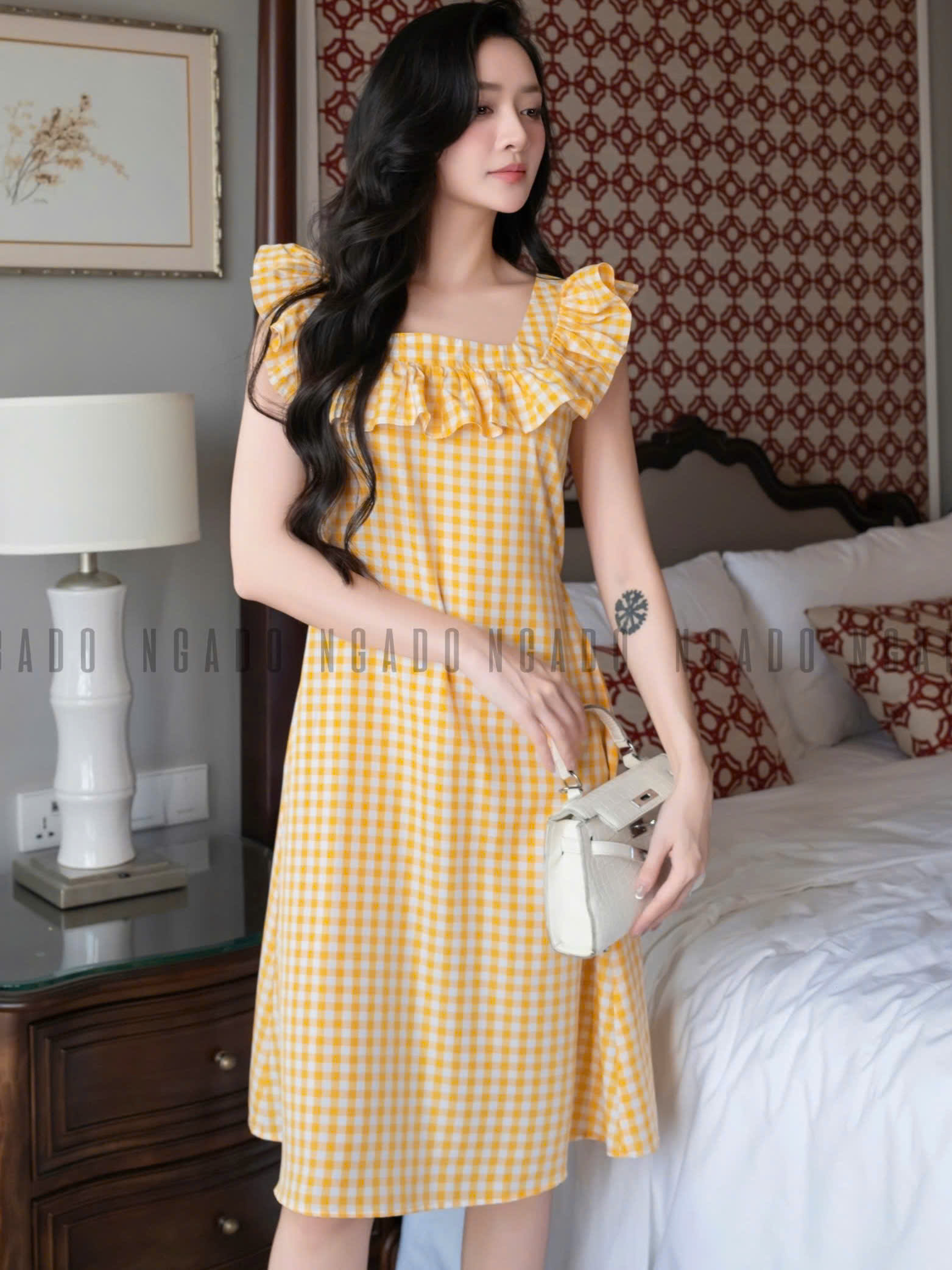 Đầm caro vàng phối cổ nhún NGADO , đầm caro , đầm kẻ ,  đầm dạo phố