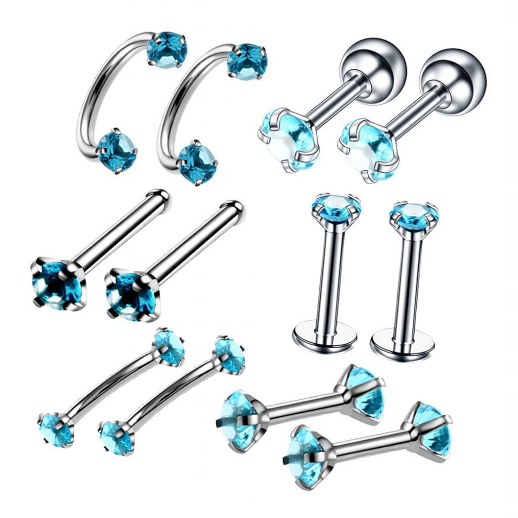 2x12pcs Stainless Steel Colored Zircon Lip Nose Nail Piercing Jewelry Blue