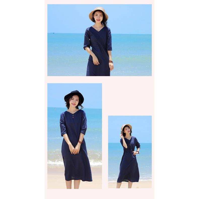 Đầm suông linen tay lỡ cổ chữ V trần trước, thời trang hè thu 2021