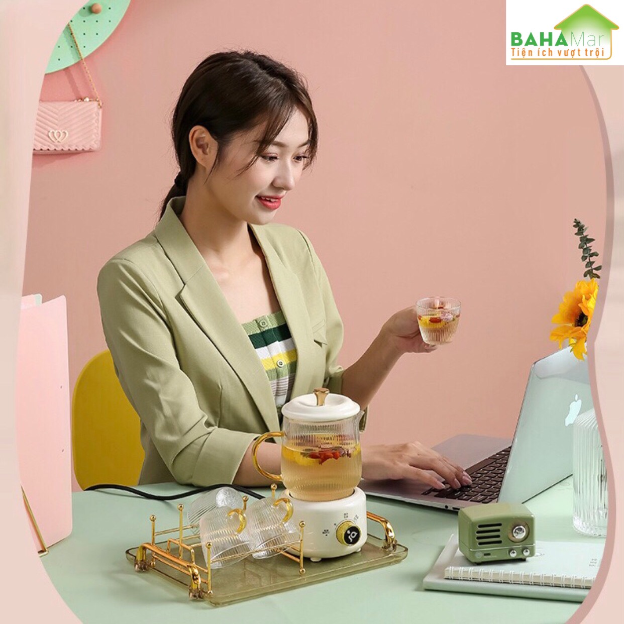 BỘ ẤM PHA TRÀ ĐIỆN CÁCH NHIỆT "BAHAMAR" dùng pha cafe, trà hoa, trà dưỡng nhan… rất nhanh gọn