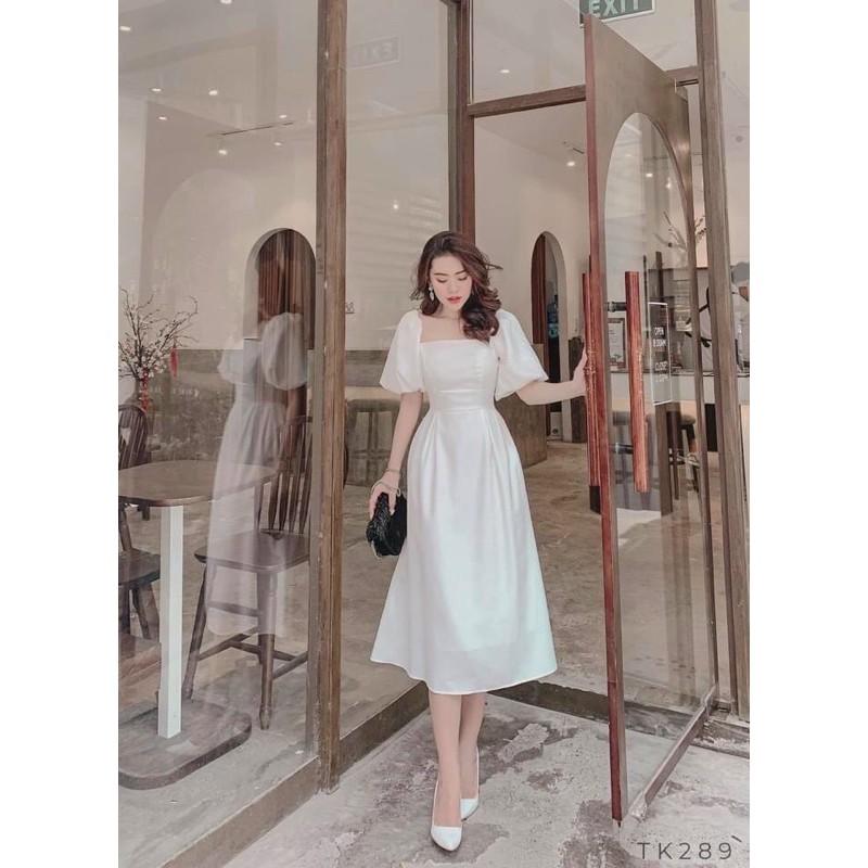 Váy đầm trắng Vintage dáng xòe dự tiệc cổ vuông tay bo bồng dài V121 full size AĐ BOUTIQUE