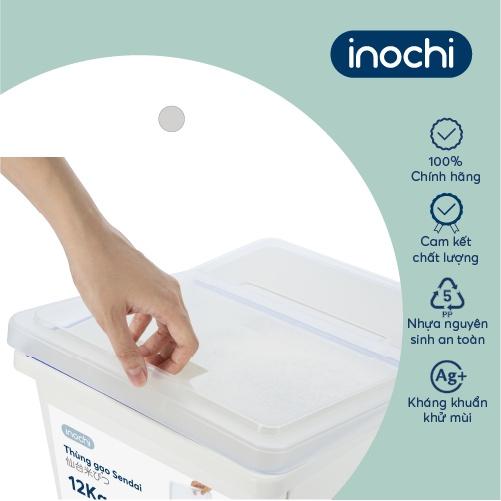 Thùng gạo Inochi - Sendai 12kg Màu sắc: Thân Trắng ngọc + Nắp Trong suốt + Gioăng Trắng trong